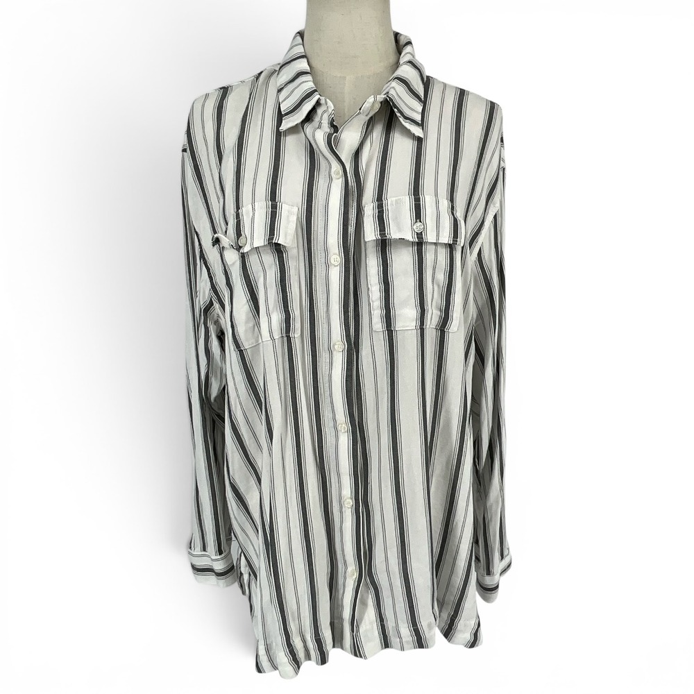 Gloria‎ Vanderbilt Womens XXL Striped Button Down Shirt Black White Long Sleeve